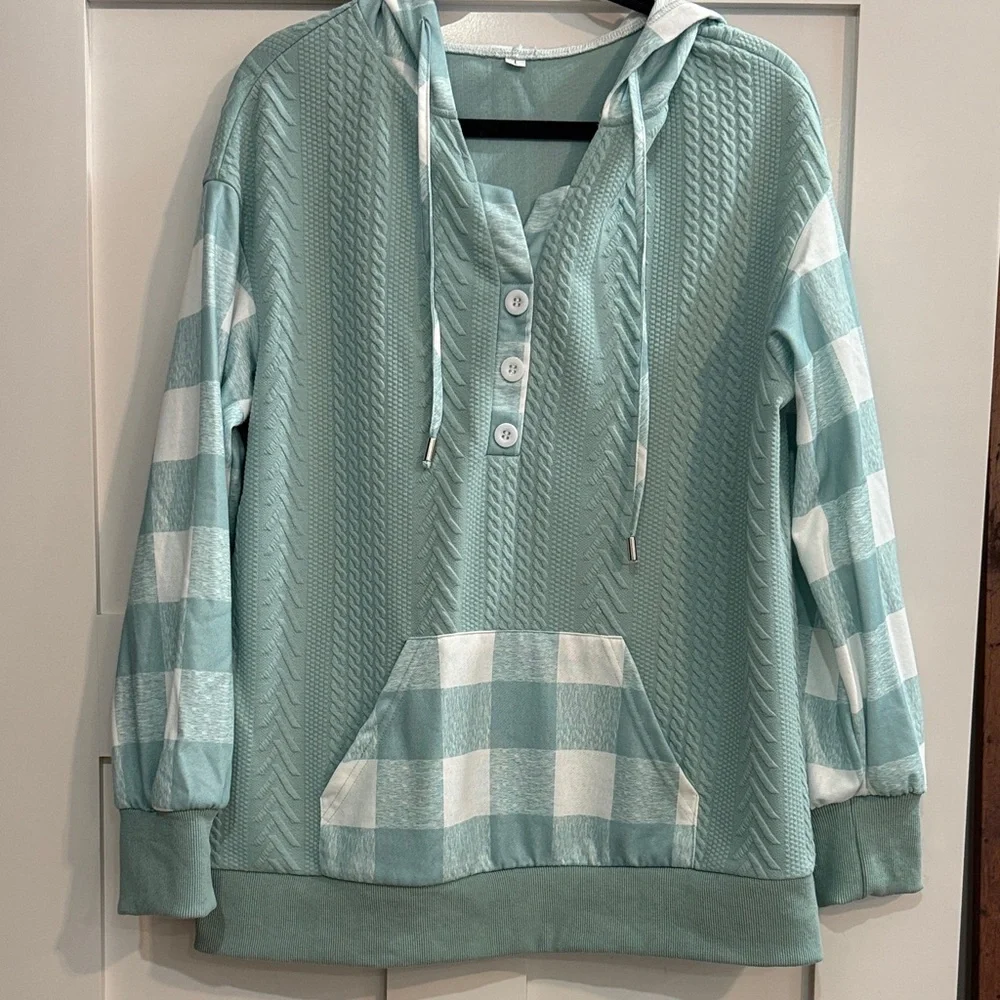 Modlily Mint Green and White Plaid Knit Hoodie - Size Large - Picture 2 of 4